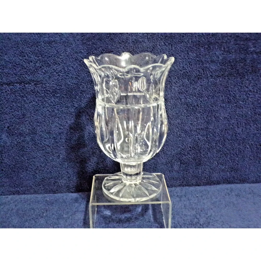 Block Crystal Tulip Garden Hurricane Vase Clear Glass Etched  Pedestal 7